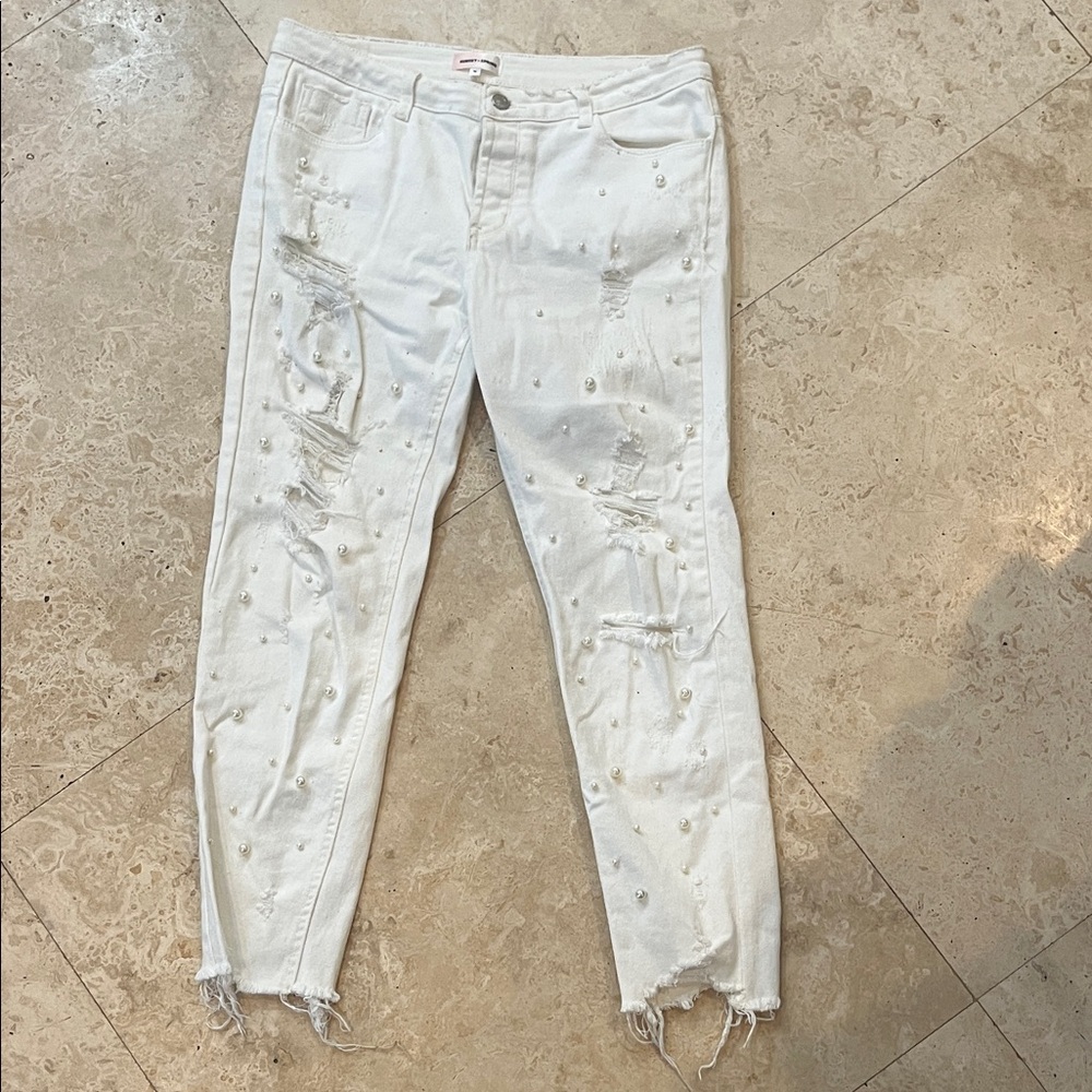 Distressed White Jeans with Pearl Accents